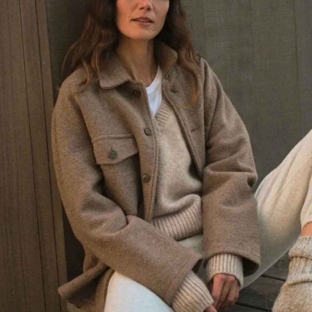 Buck Mason Women's Felted Boiled Wool Field Shirt Jacket Light Brown Size L